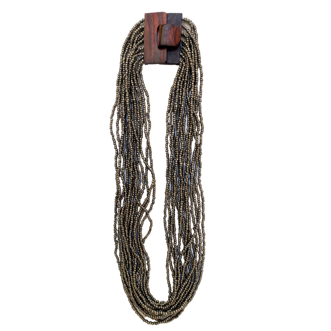 Collana perline di vetro e legno Fibbia-argento-Bijondo