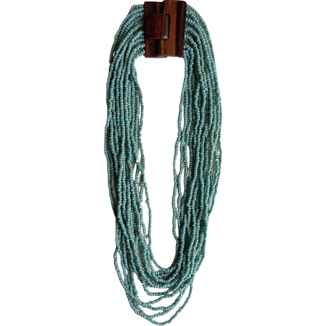 Collana perline di vetro e legno Fibbia-celeste-Bijondo