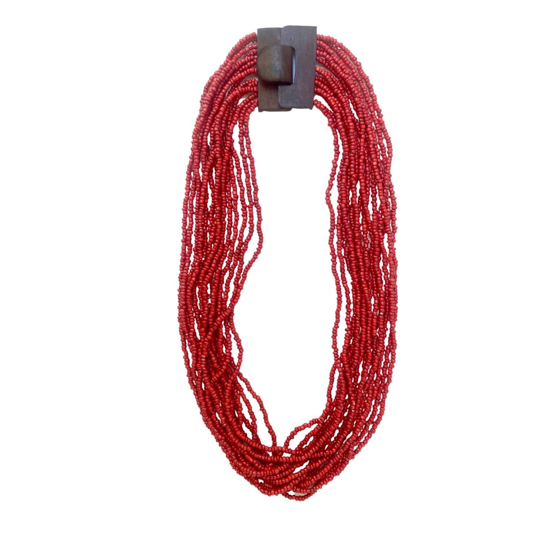 Collana perline di vetro e legno Fibbia-rosso-Bijondo