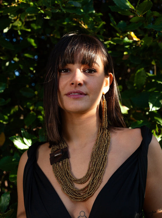 Collana perline di vetro e legno Fibbia-rosso-Bijondo