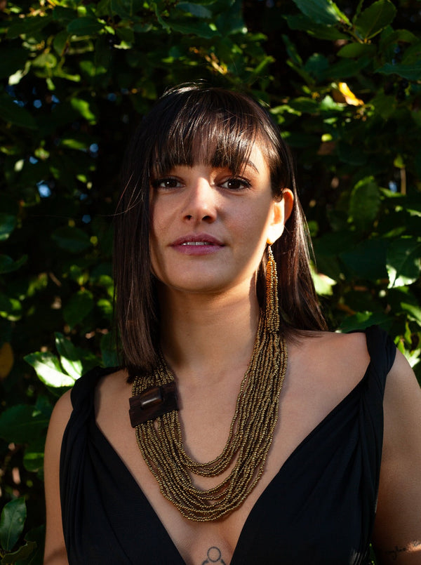 Collana perline di vetro e legno Fibbia-rosso-Bijondo