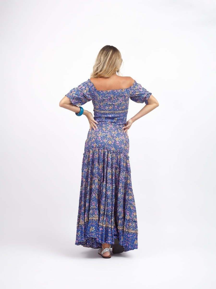 Crop Top elasticizzato rayon scollo bardot Milly - blu - Bijondo