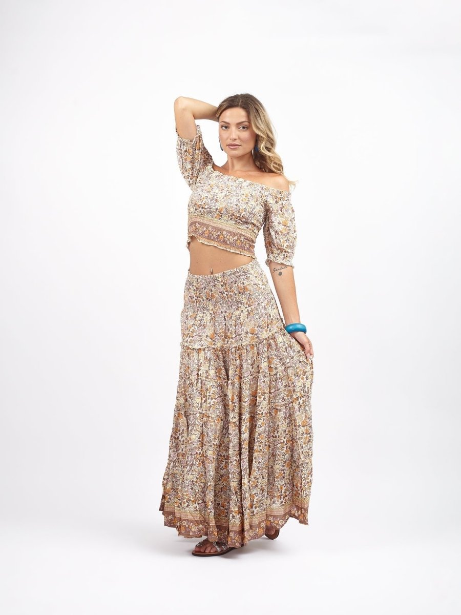 Crop Top elasticizzato rayon scollo bardot Milly - marrone - Bijondo