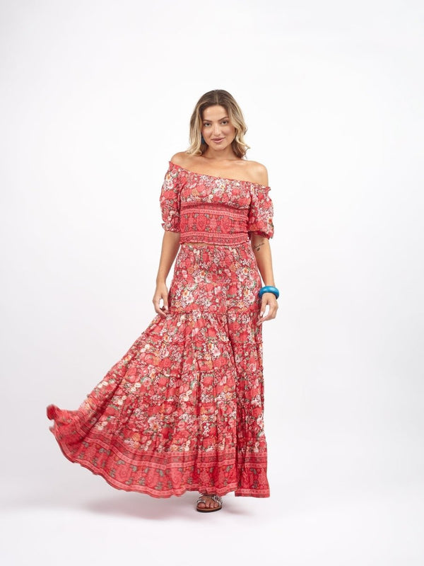 Crop Top elasticizzato rayon scollo bardot Milly - rosso - Bijondo