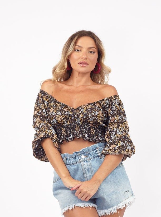 Crop Top scollo bardot e maniche a sbuffo Doroty - blu - Bijondo