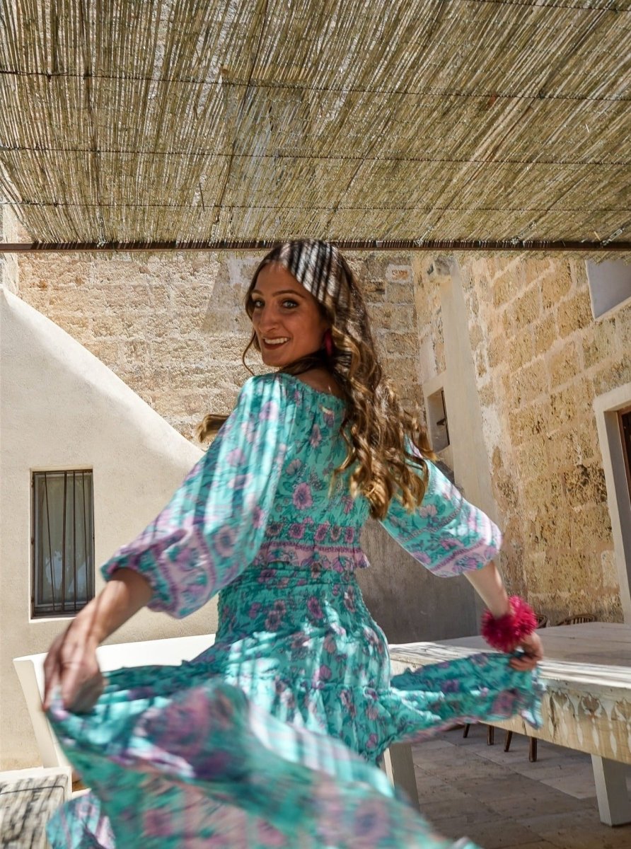 Crop Top scollo bardot e maniche a sbuffo Doroty - blu - Bijondo