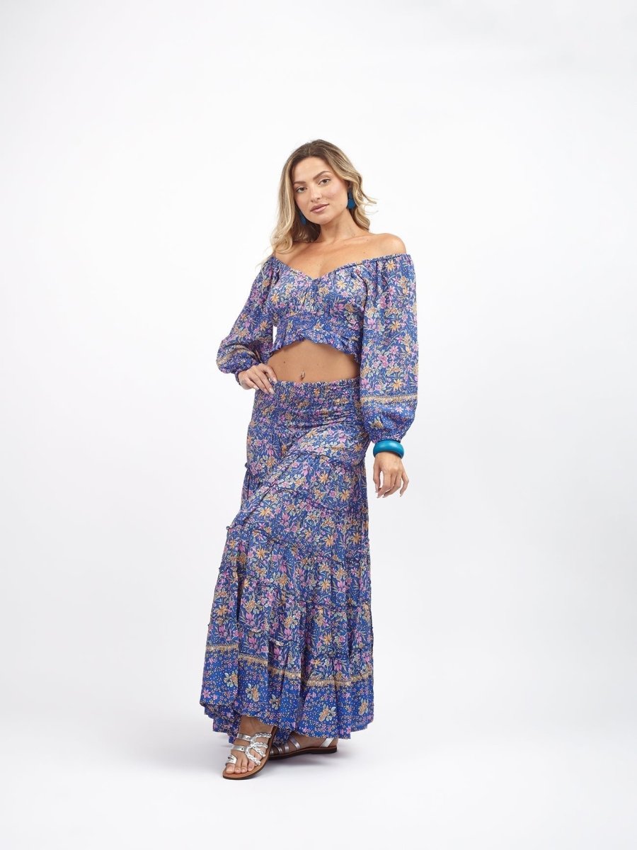 Crop Top scollo bardot e maniche a sbuffo Doroty - blu - Bijondo