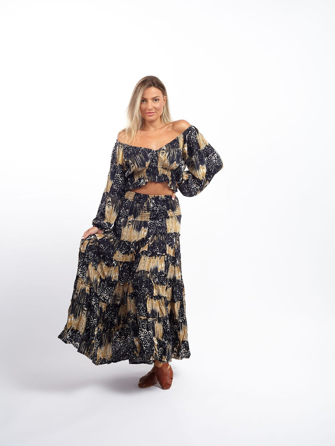 Crop Top scollo bardot e maniche a sbuffo Doroty-nero e oro-S-M-Bijondo