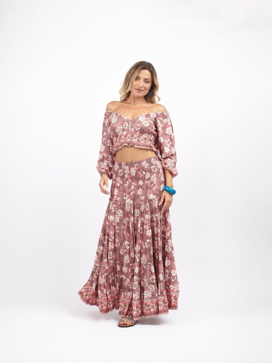 Crop Top scollo bardot e maniche a sbuffo Doroty - rosa - Bijondo