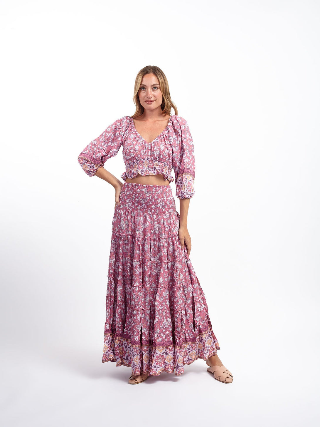 Crop Top scollo bardot e maniche a sbuffo Doroty-rosa floreale-S-M-Bijondo