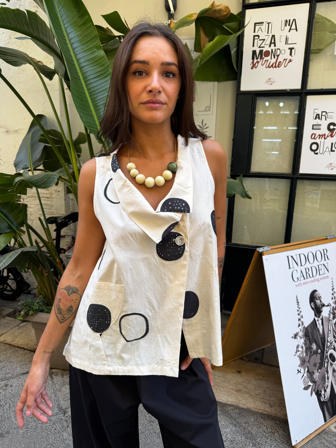 Gilet/Top a pois con colletto a bicchiere Lucy-top-Bijondo-Panna-taglia unica-Bijondo