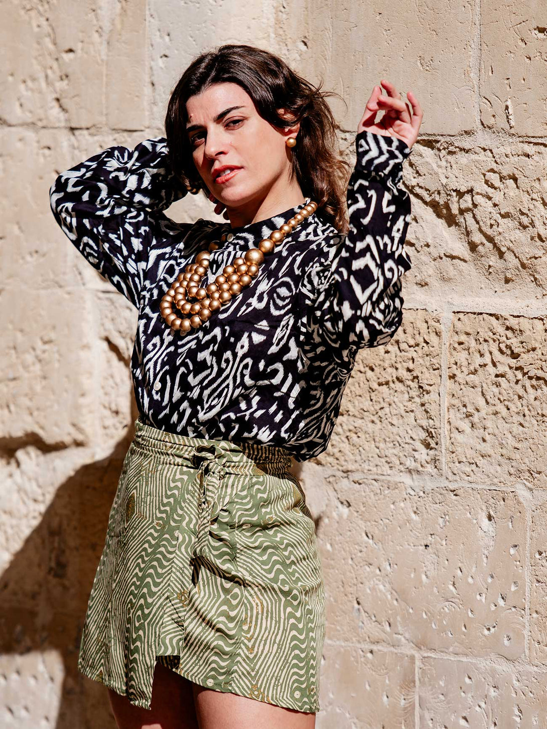 Gonna corta a portafoglio stampa Boho Estelle in Rayon-Gonna-Bijondo-verde-S-M-Bijondo