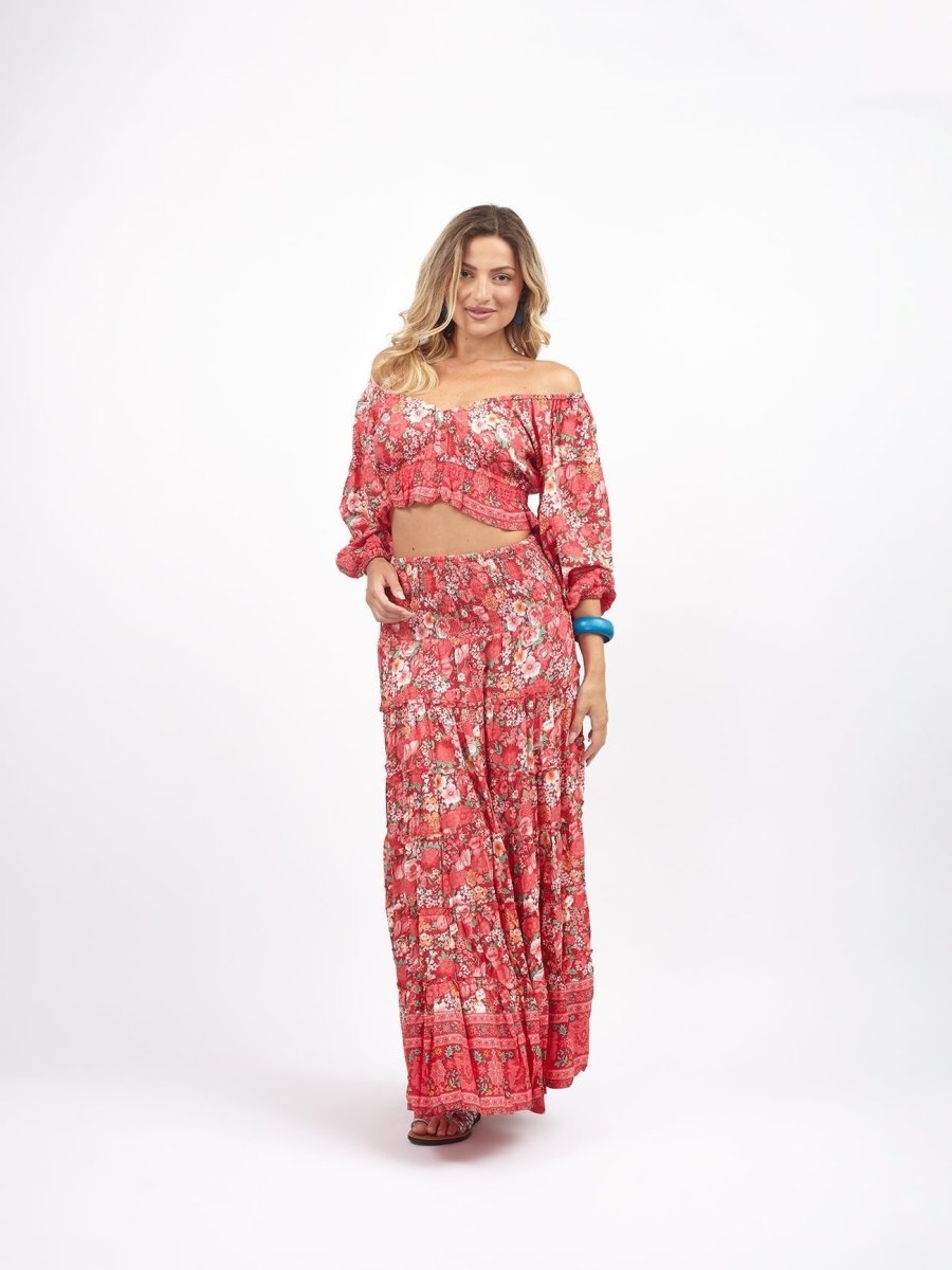 Gonna lunga boho con elastico e balze Doroty - rosa - Bijondo