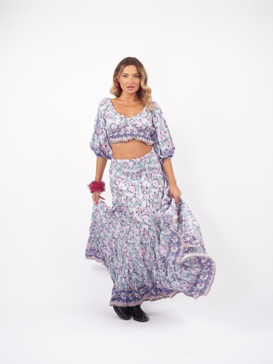 Gonna lunga boho con elastico e balze Doroty - viola - Bijondo