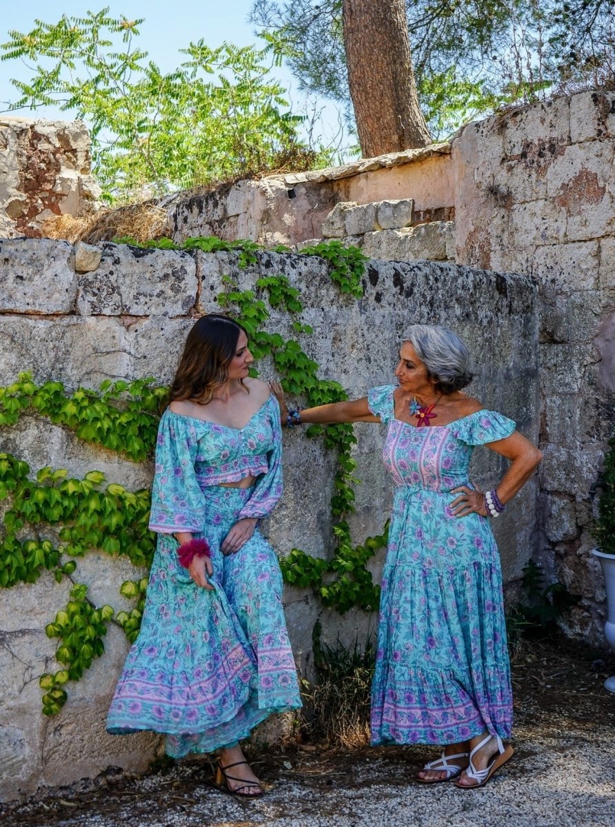 Gonna lunga boho con elastico e balze Doroty - viola - Bijondo