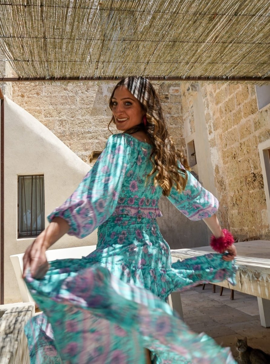 Gonna lunga boho con elastico e balze Doroty - viola - Bijondo