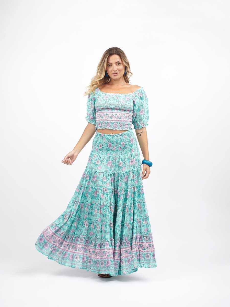 Gonna lunga boho con elastico e balze Doroty - acquamarina - Bijondo