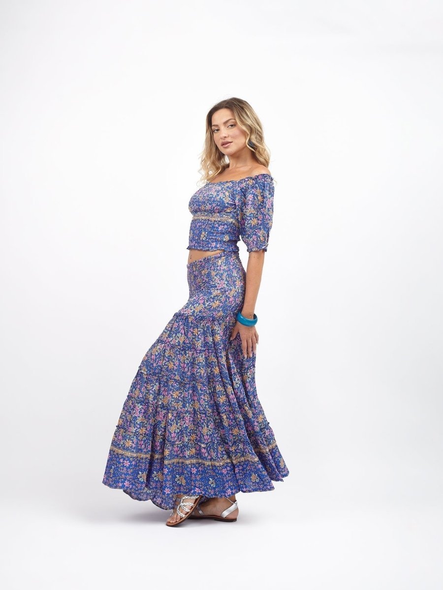 Gonna lunga boho con elastico e balze Doroty - blu - Bijondo