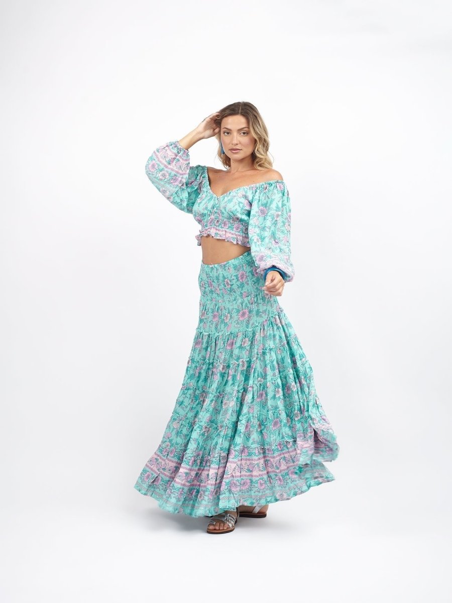 Gonna lunga boho con elastico e balze Doroty - acquamarina - Bijondo