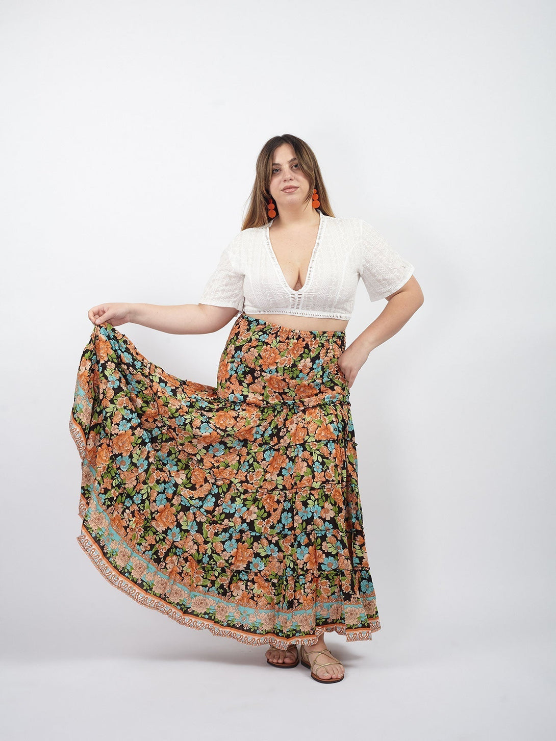 Gonna lunga boho con elastico e balze Doroty-arancione-Bijondo