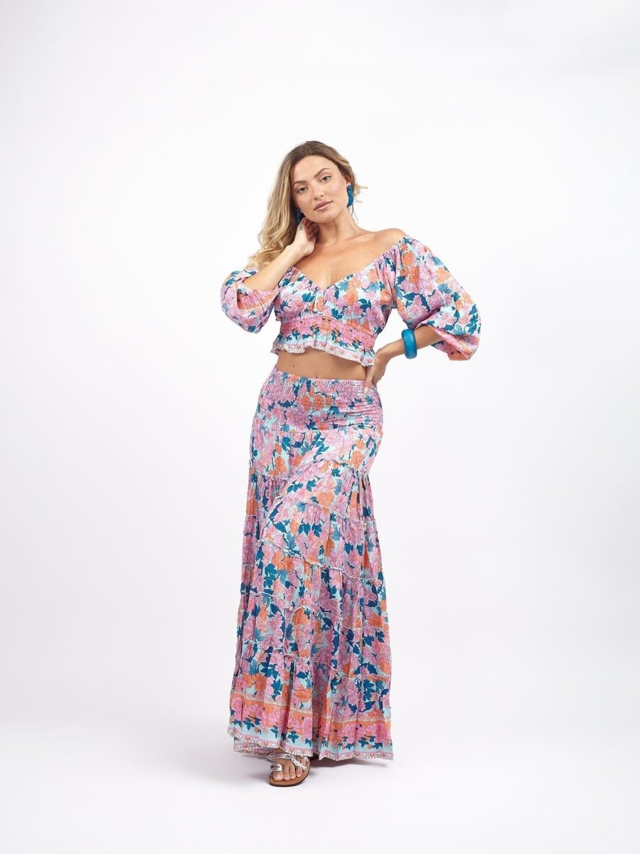 Gonna lunga boho con elastico e balze Doroty - arancione - Bijondo