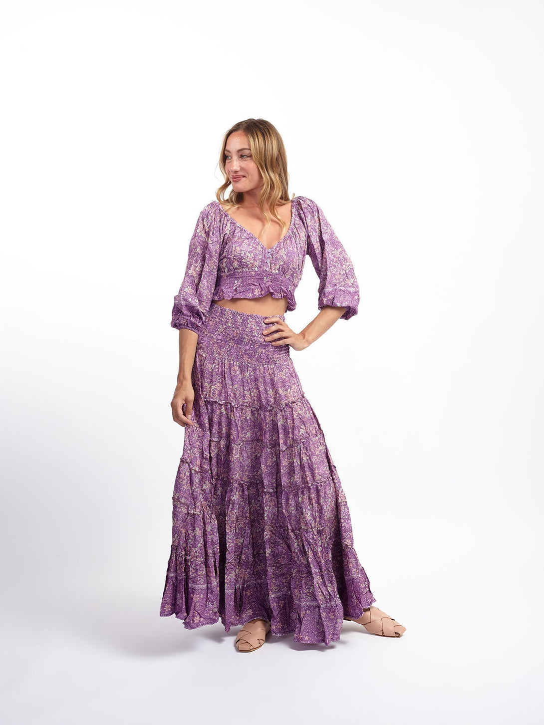 Gonna lunga boho con elastico e balze Doroty-lavanda-S-M-Bijondo