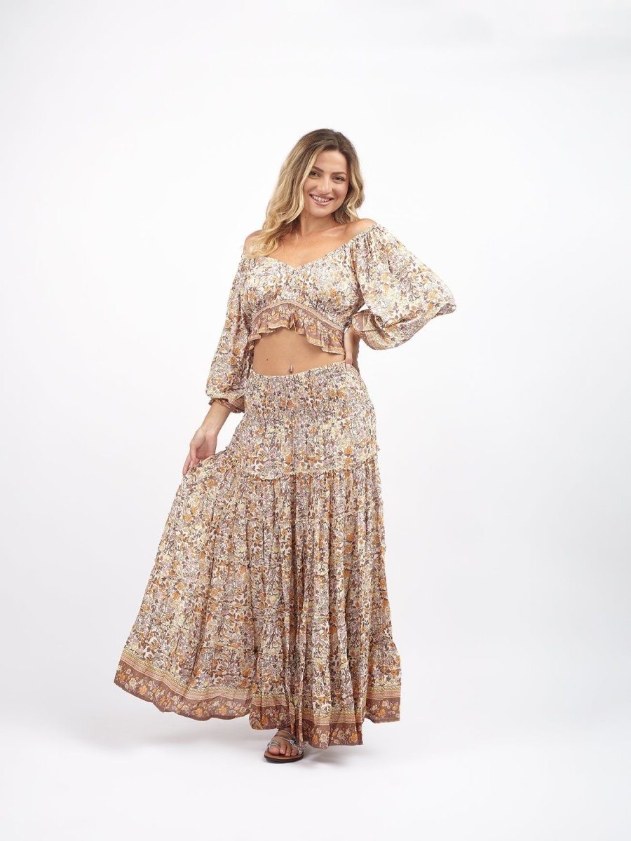 Gonna lunga boho con elastico e balze Doroty - marrone - Bijondo