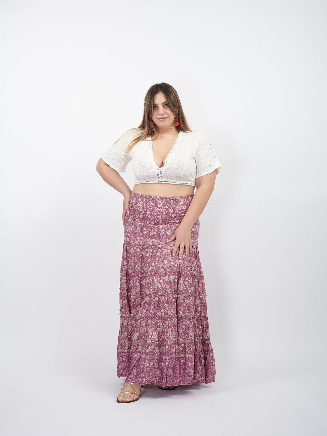 Gonna lunga boho con elastico e balze Doroty-rosa-Bijondo