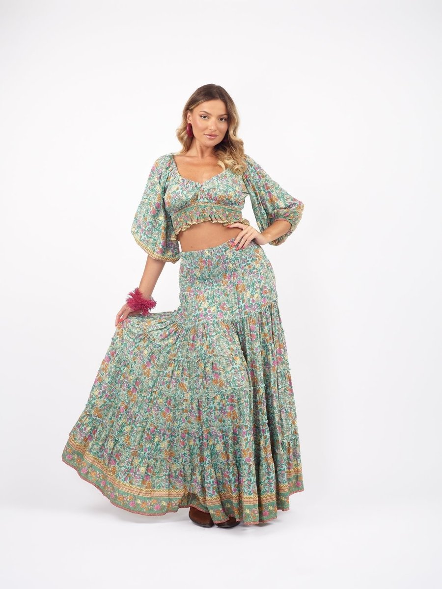 Gonna lunga boho con elastico e balze Doroty - verde - Bijondo