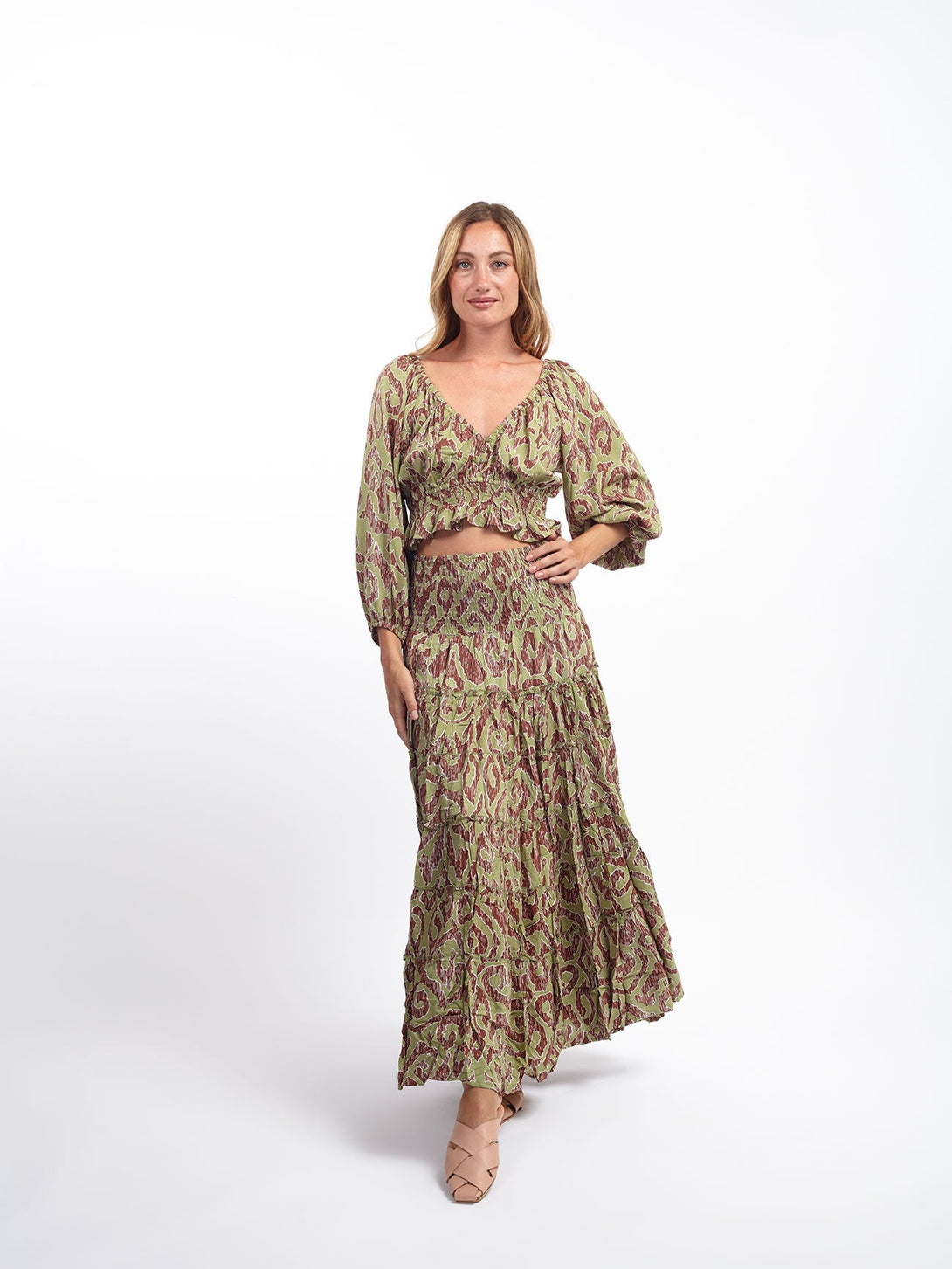 Gonna lunga boho con elastico e balze Doroty-verde screziato-S-M-Bijondo