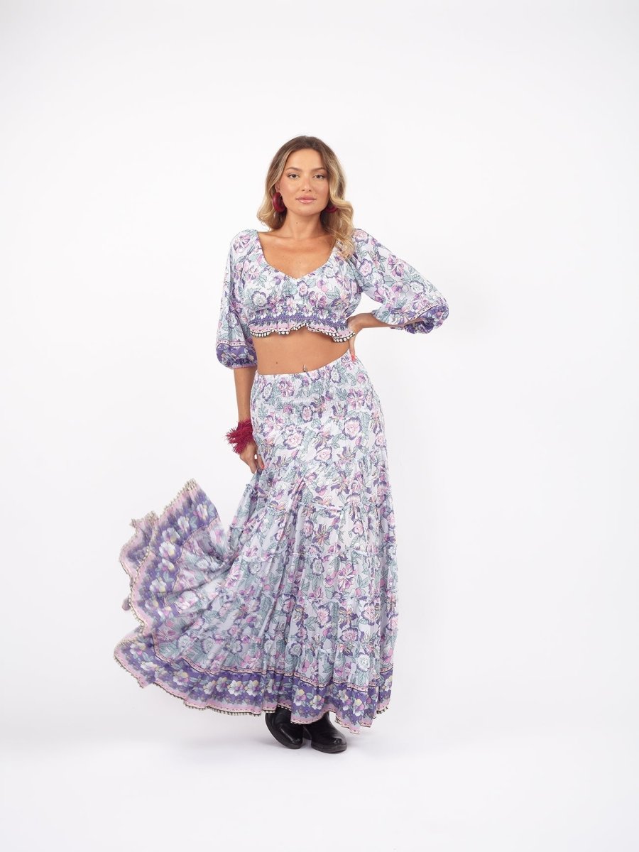 Gonna lunga boho con elastico e balze Doroty - viola - Bijondo