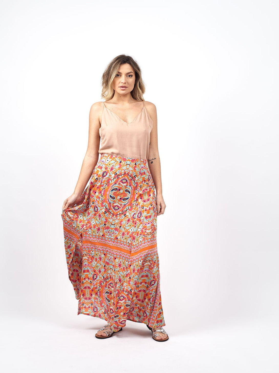 Gonna lunga spacchi frontali Miriam-arancione-Bijondo