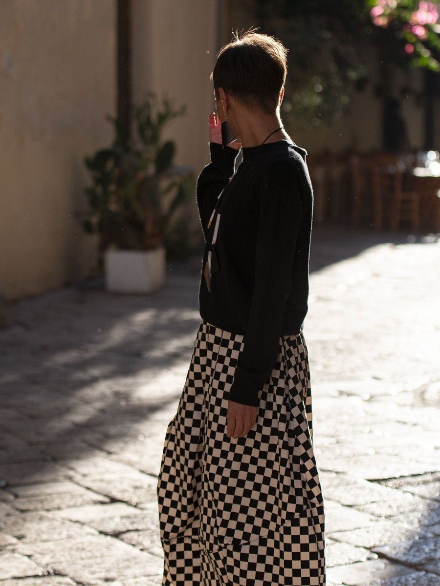 Gonna midi over fantasia scacchi Nancy - nero - Bijondo