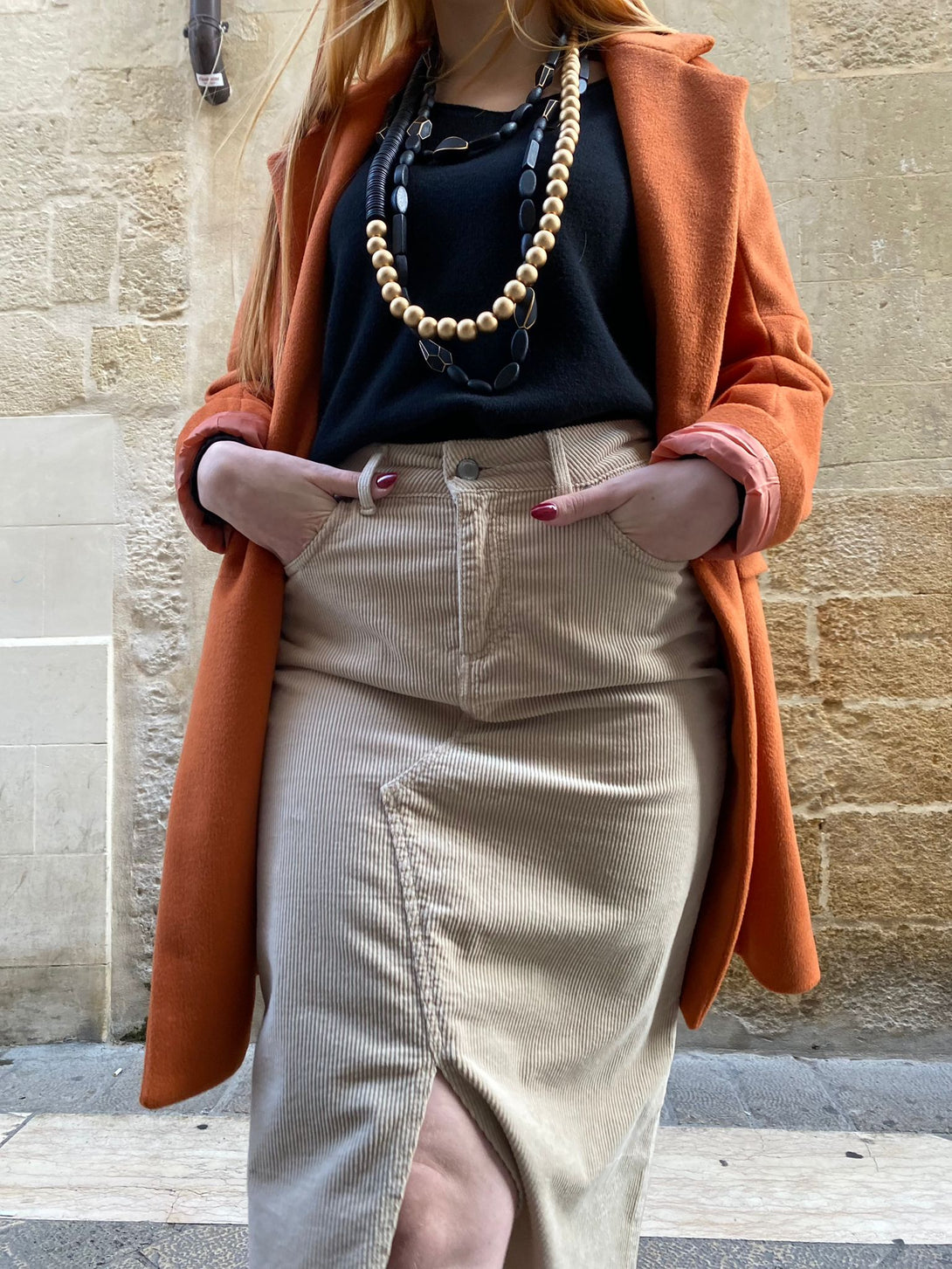 Gonna velluto cotone spacco frontale Kate-beige-XS-Bijondo