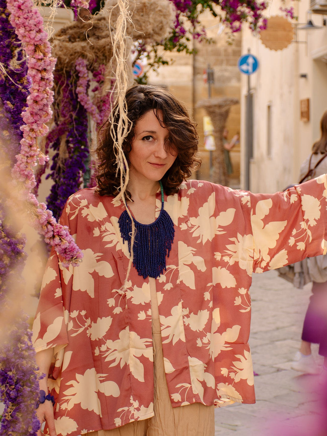 Kimono corto elegante seta Sophia-rosa-taglia unica-Bijondo