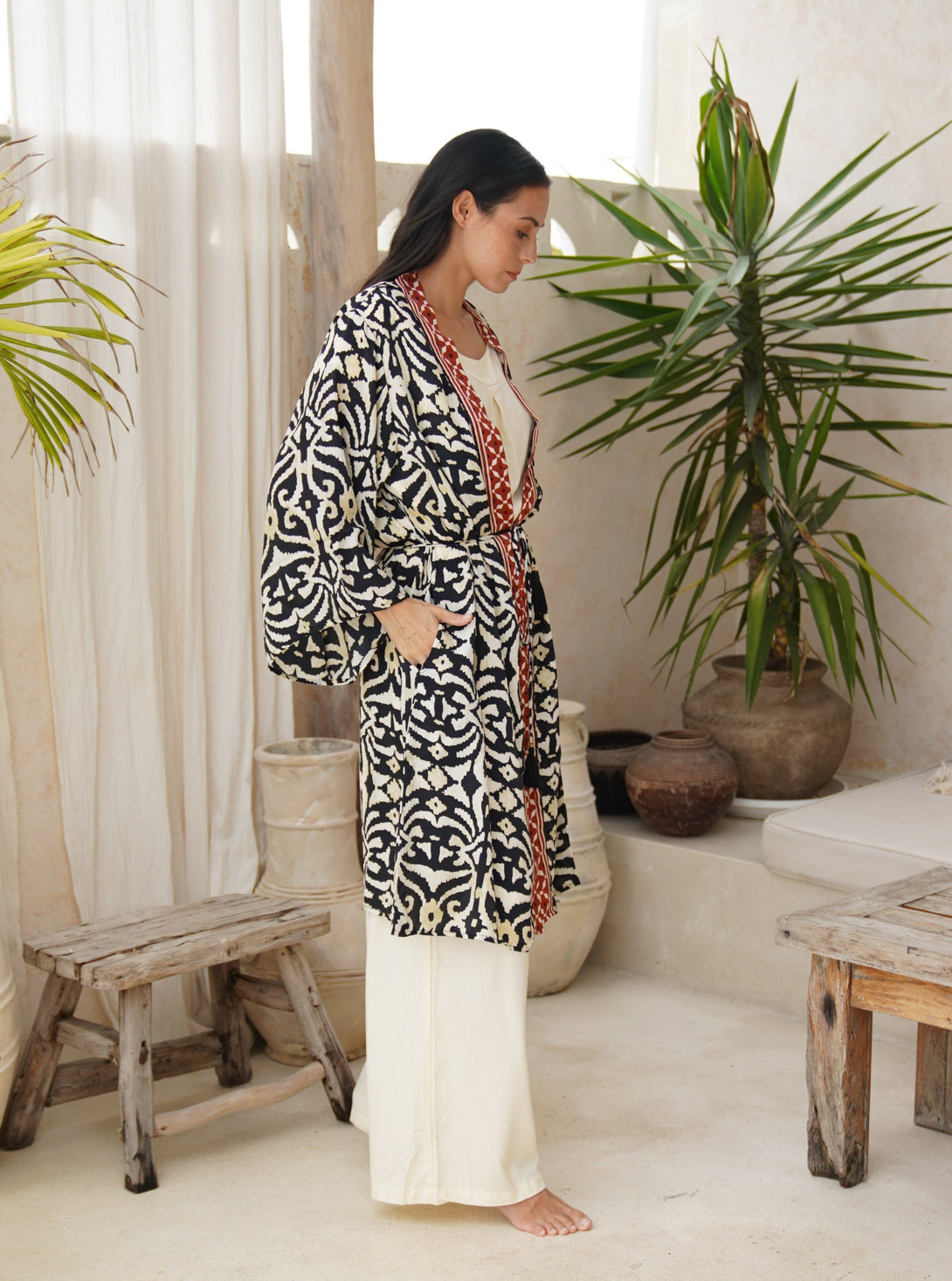 Kimono corto seta tasche Berenice-blu-Bijondo