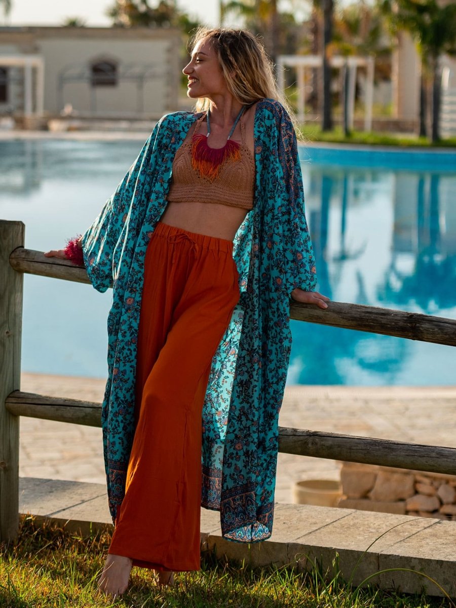 Kimono lungo boho Roselen - verde - Bijondo