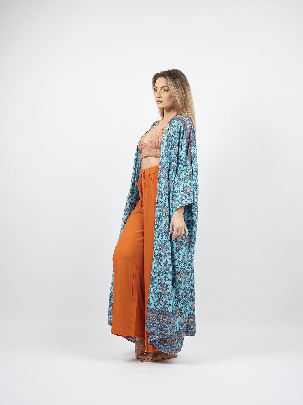 Kimono lungo boho Roselen - azzurro - Bijondo