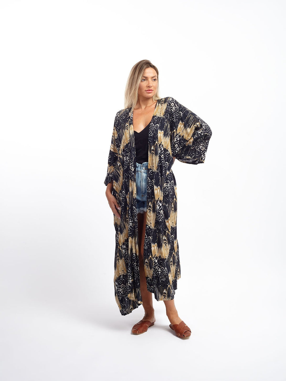 Kimono lungo boho Roselen-nero-taglia unica-Bijondo