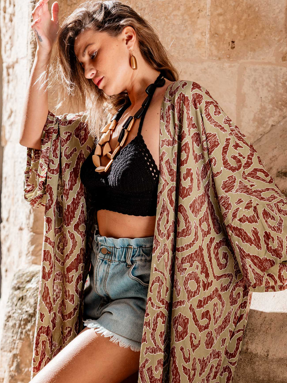 Kimono lungo boho Roselen-kimono-Bijondo-verde-taglia unica-Bijondo