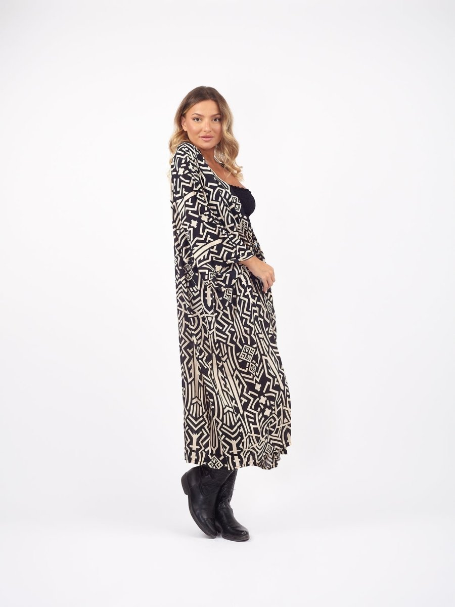 Kimono lungo boho rayon Zazà - nero - Bijondo