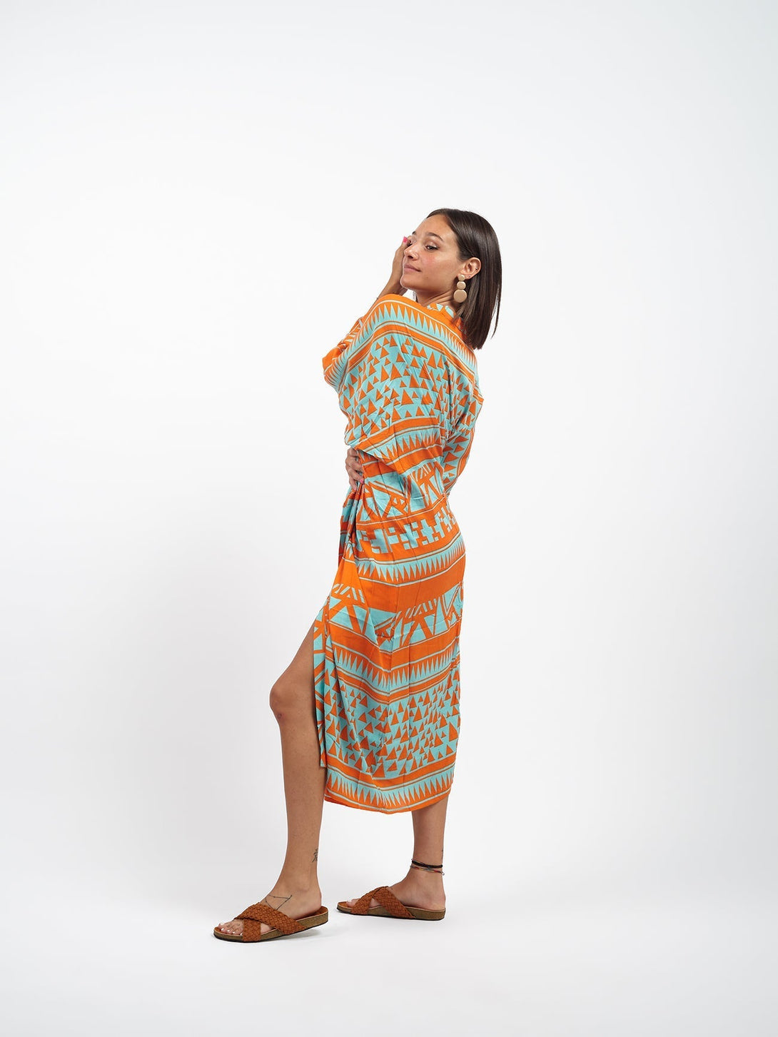 Kimono lungo leggero rayon Isla-arancione-taglia unica-Bijondo