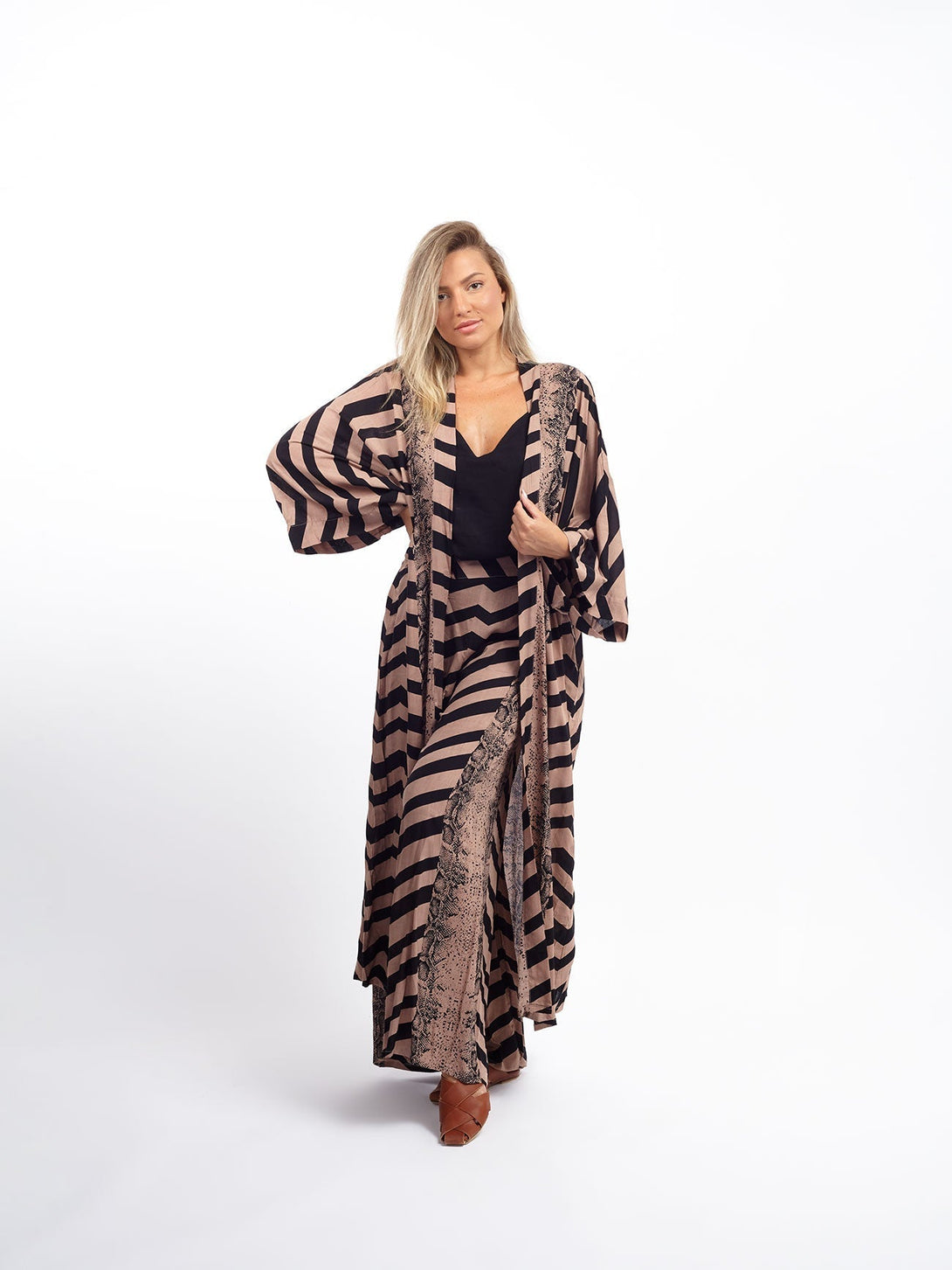 Kimono lungo leggero rayon Isla-cappuccino-taglia unica-Bijondo
