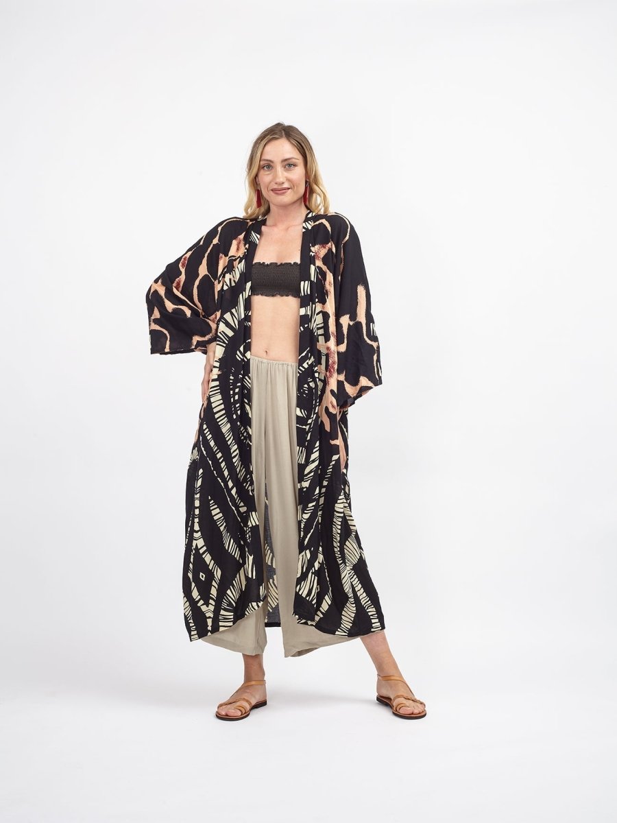 Kimono lungo leggero rayon Isla - nero - Bijondo