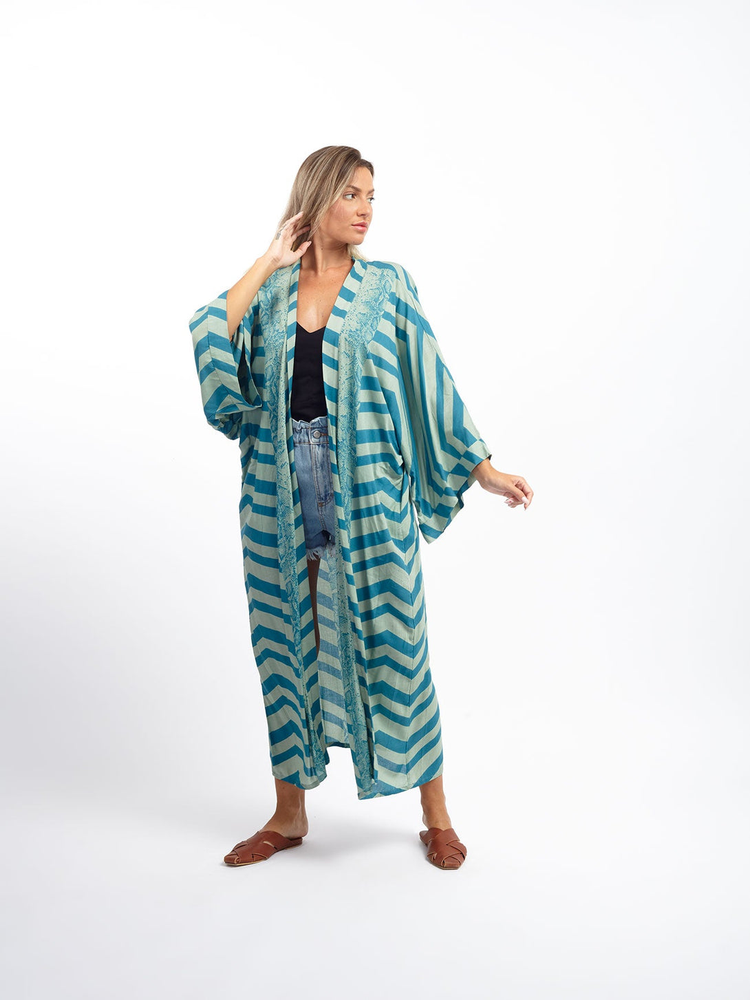 Kimono lungo leggero rayon Isla-verde-taglia unica-Bijondo