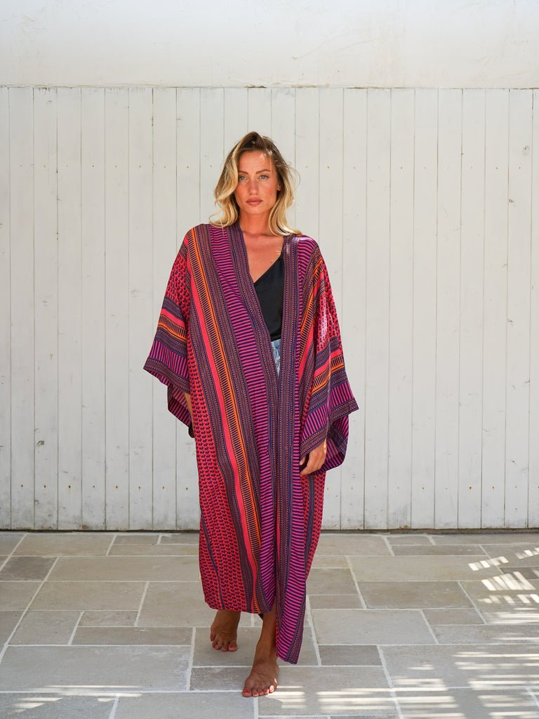 Kimono lungo rayon Floraline - fucsia - Bijondo