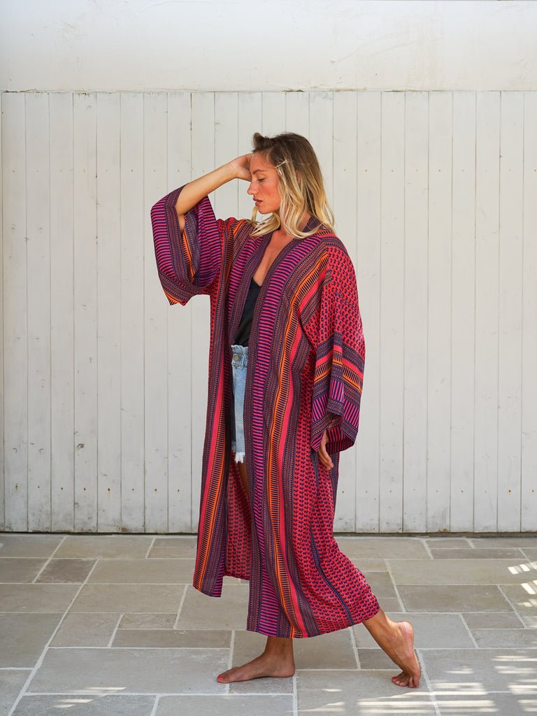 Kimono lungo rayon Floraline - fucsia - Bijondo