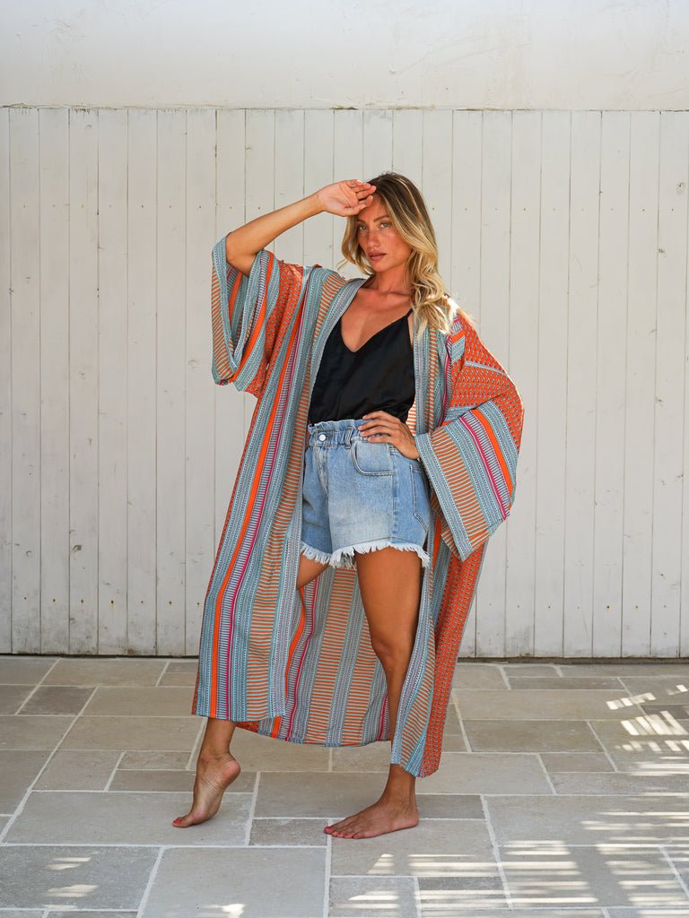 Kimono lungo rayon Floraline - arancione - Bijondo