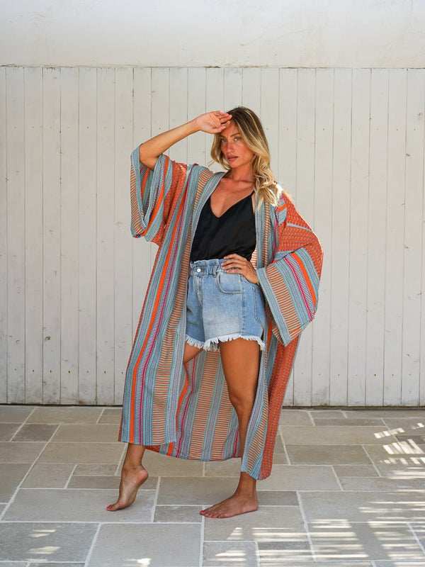 Kimono lungo rayon Floraline - arancione - Bijondo