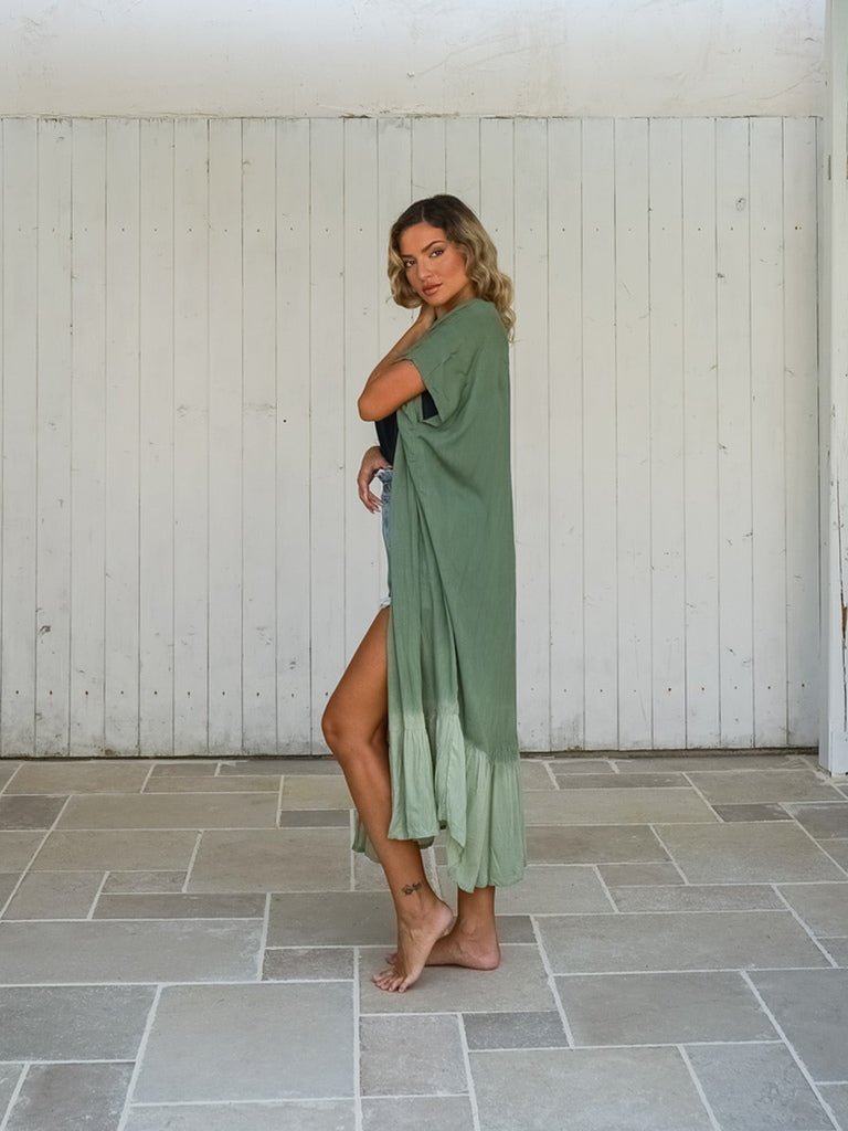 Kimono lungo rayon con balza stampa sfumata Zelia - verde - Bijondo